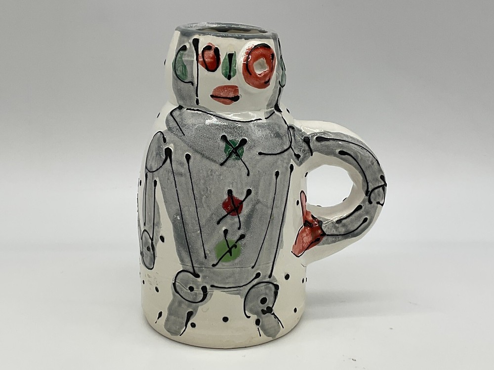 Robot mug or pitcher hand thrown and hand painted