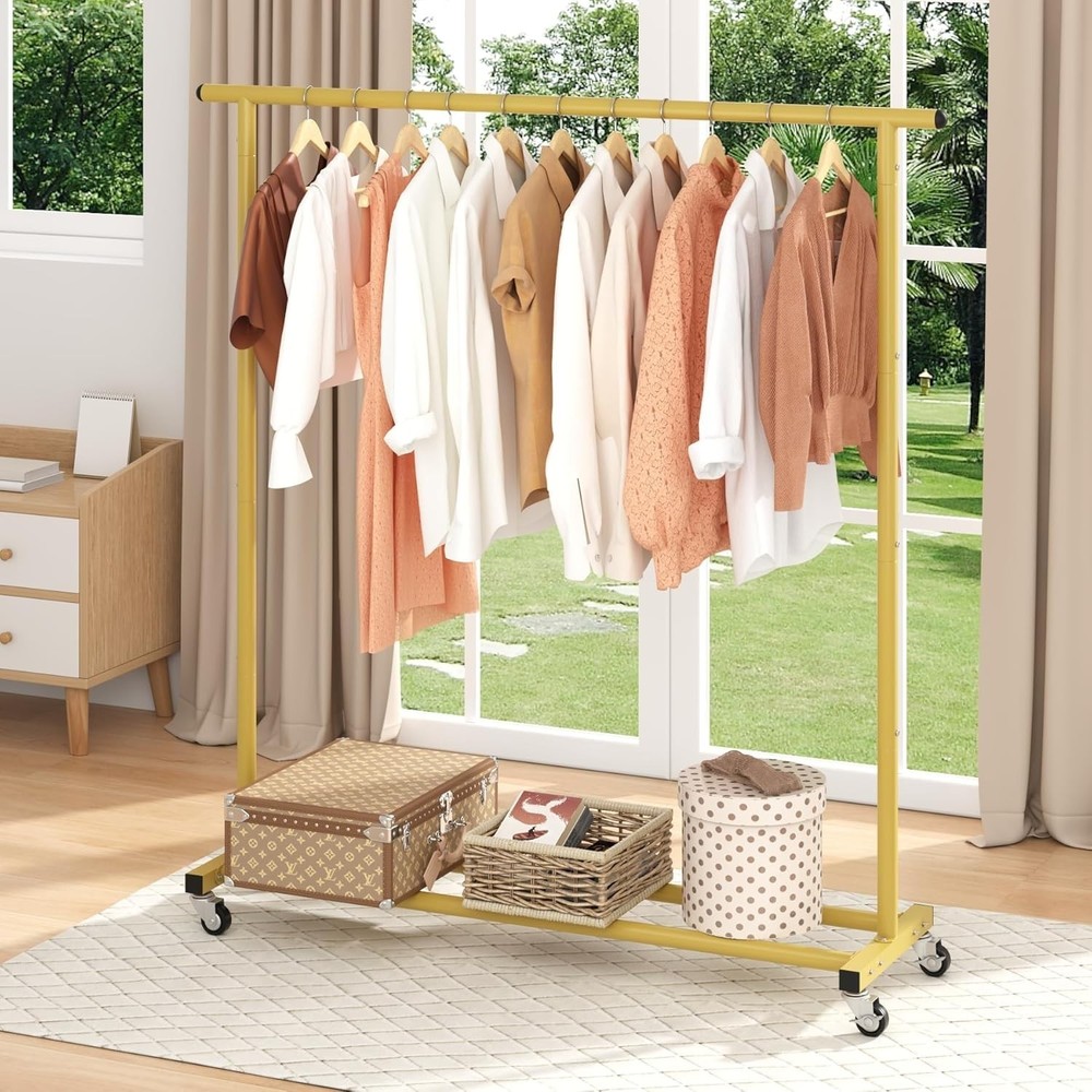 Gold Adjustable Rolling Clothing Rack - Space-Saving Organizer for Home & Retail