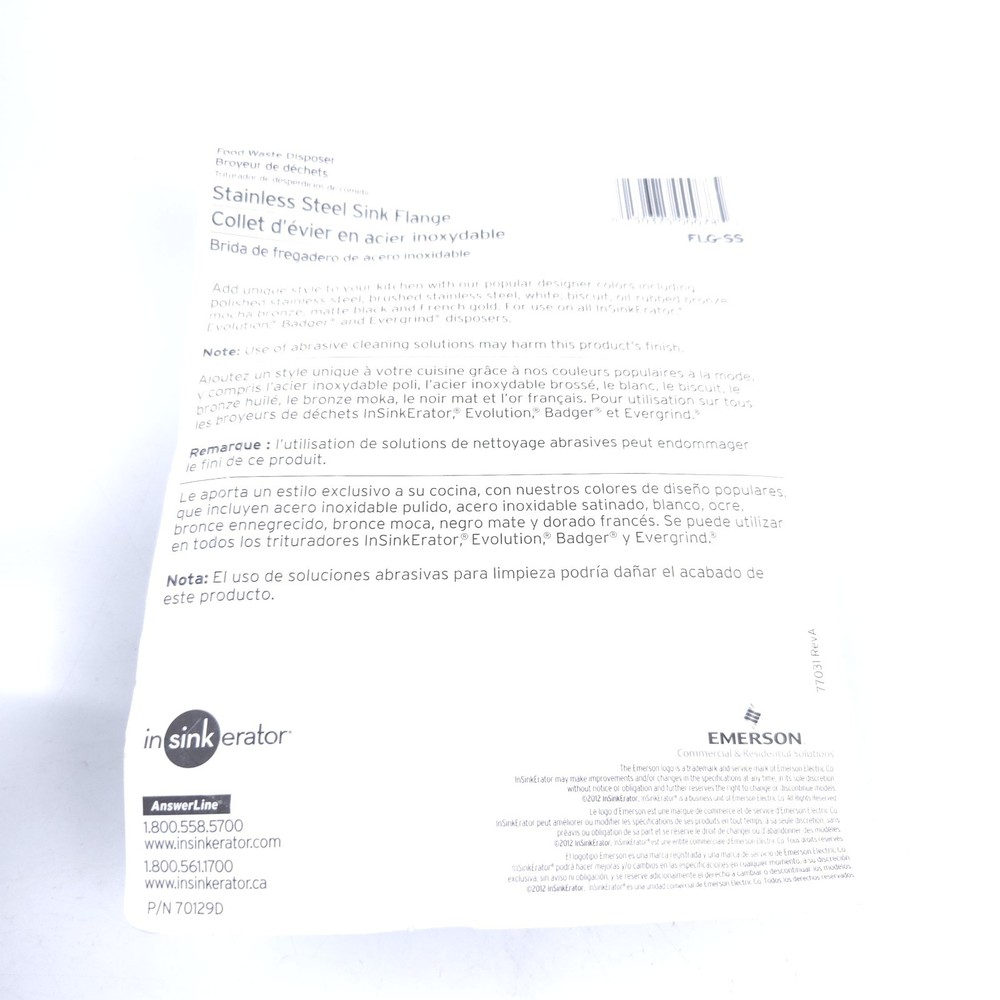 InSinkErator Stainless Steel Sink flange. Model FLG-SS