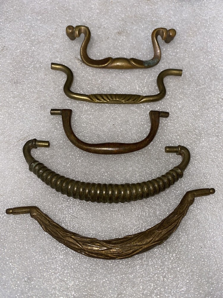 Victorian Lot Of 5 Different Shape Drawer Pulls Handle Solid Brass Antique