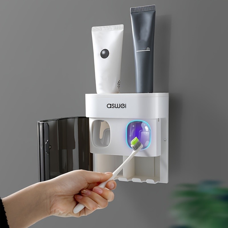 Automatic Toothpaste Dispenser Set Wall Mount Toothbrush Holder No Drill Rack