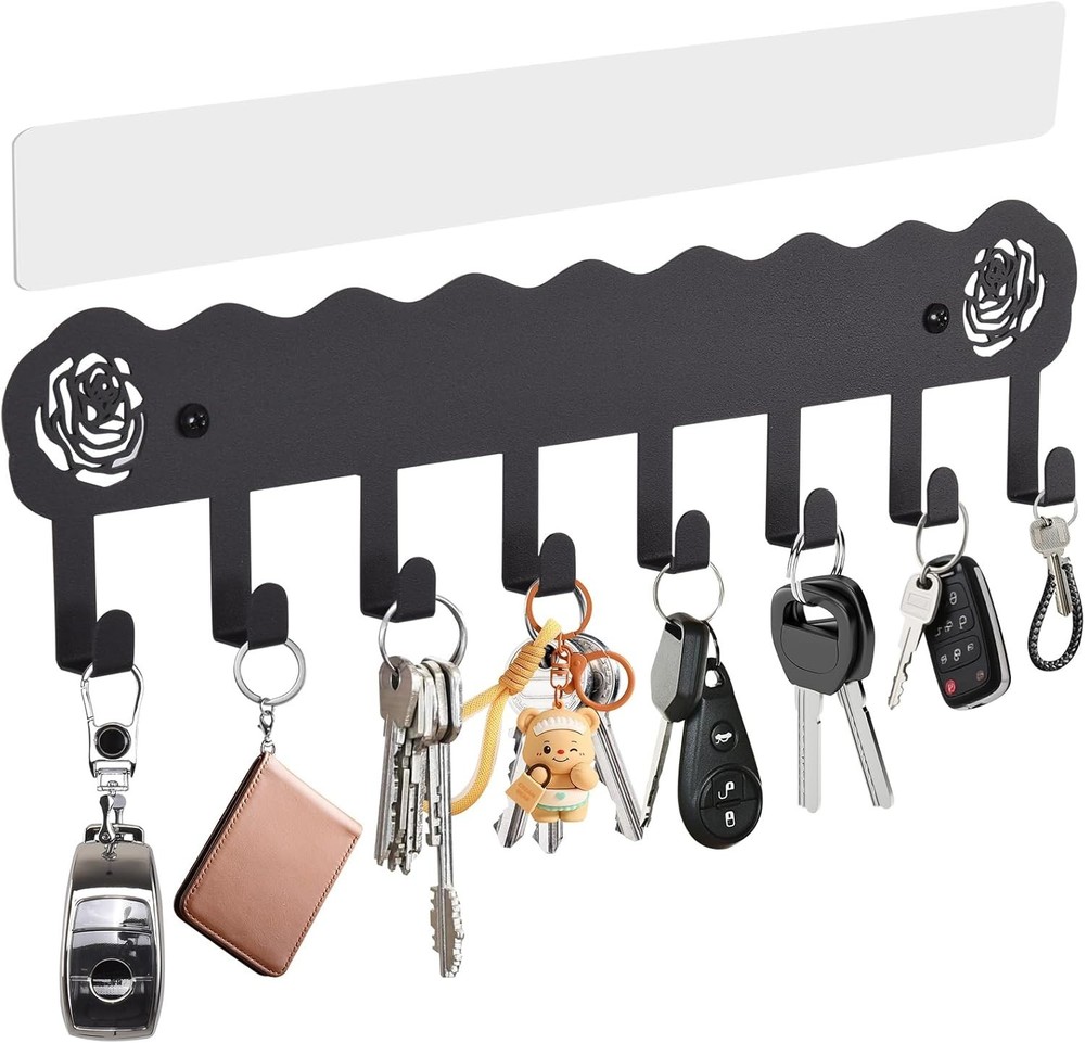 Modern Black Key Organizer with 8 Hooks - Rust Resistant, Multi-Purpose Design