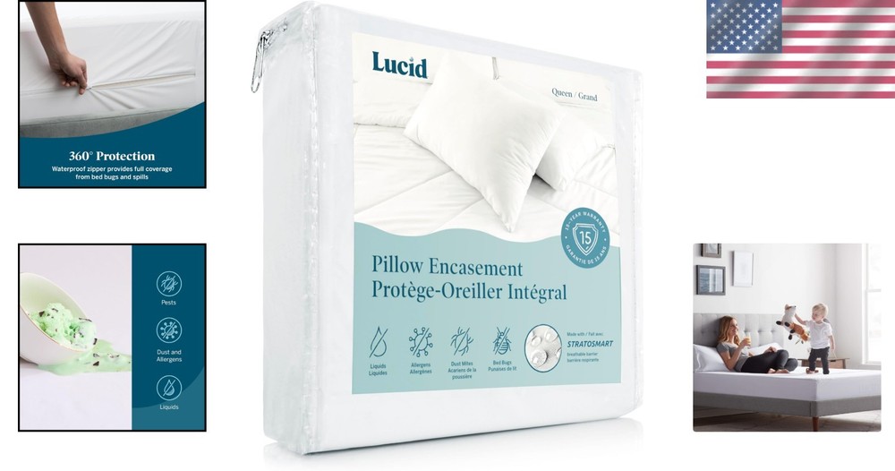 Zippered Waterproof Pillow Protector - Allergen & Bed Bug Proof – White 2-Pack