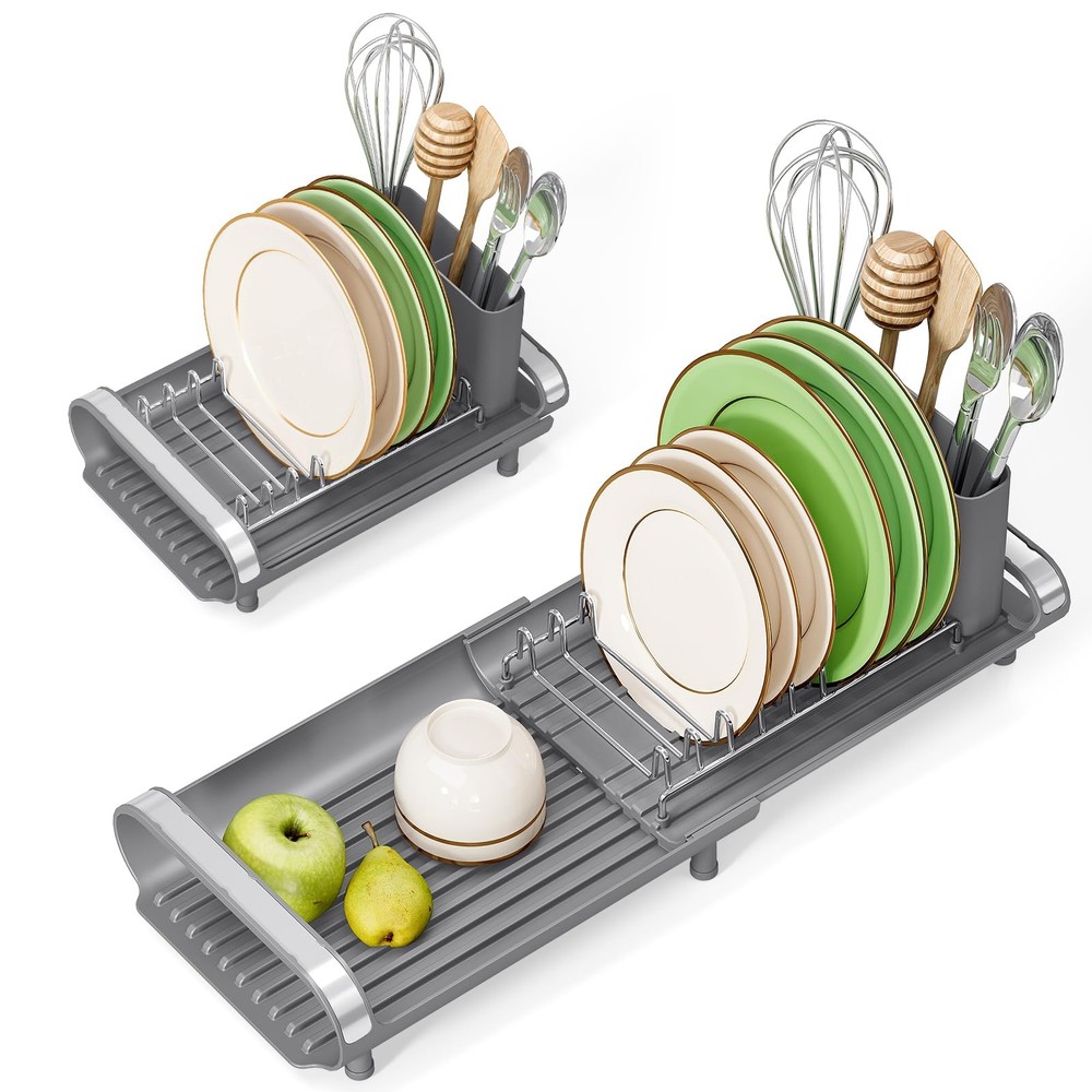 TOOLF Small Dish Drying Rack, Mini Expandable Compact Dish Rack, Slim Extenda...