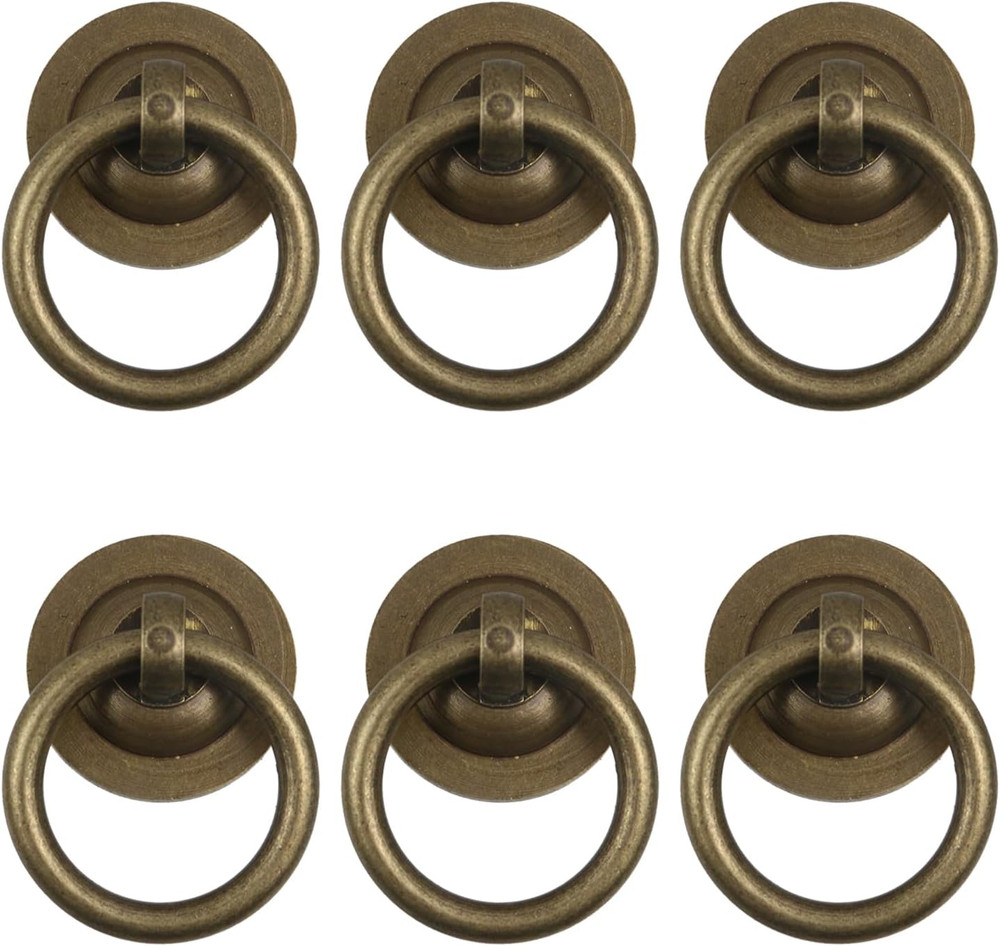 6PCS Antique Brass Cabinet Ring Pulls Vintage Drop Ring Pulls Handles Decorative