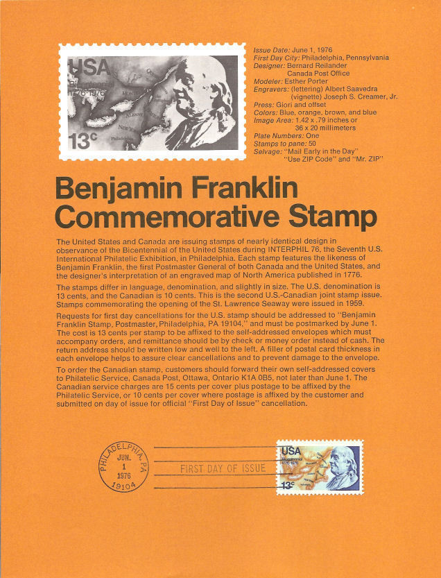 BENJAMIN FRANKLIN  #1690 1976 USPS FD Souvenir Page