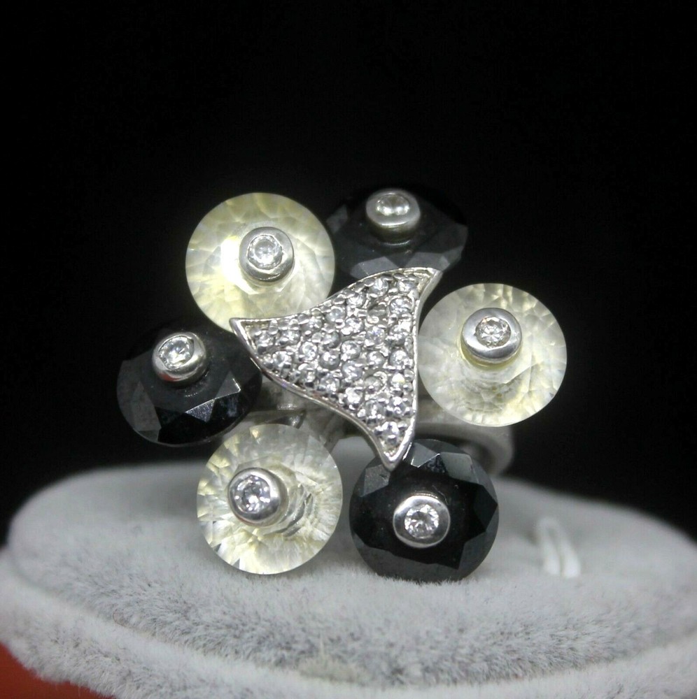 Italian Artisan Silver Ring with Onyx, Quartz & CZ - Size 6.5