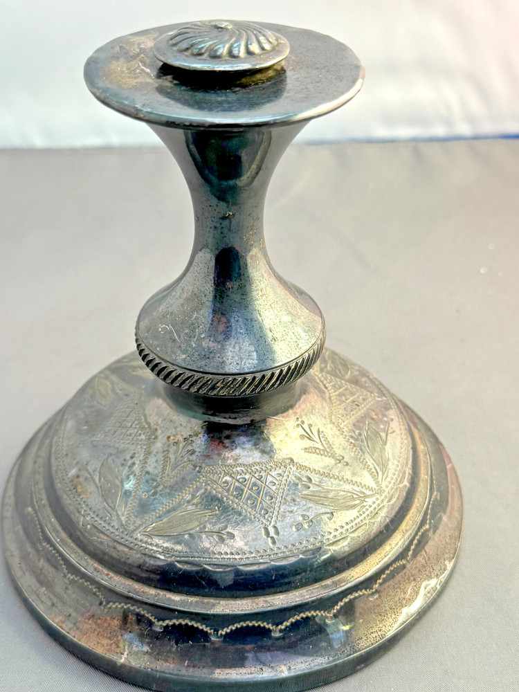 Antique Silver plated wide base weighted Engraved