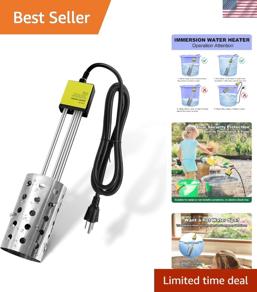 1500W UL-Listed Immersion Heater with Stainless Steel Guard - Safe & Fast