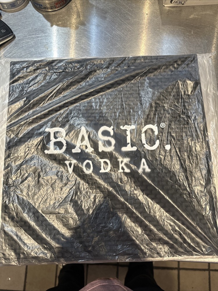 BASIC Vodka 14” X 14” Black White Rubber Bar Mat Rail NEW In Plastic