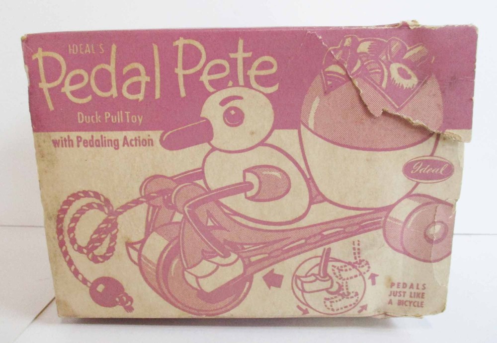 Vintage Easter Hard Plastic Ideal Pedaling Duck and Egg Pull Toy Boxed 1950s HTF
