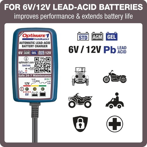 TecMate OptiMate 1 VoltMatic Battery Charger and Maintainer, 4-step Automatic