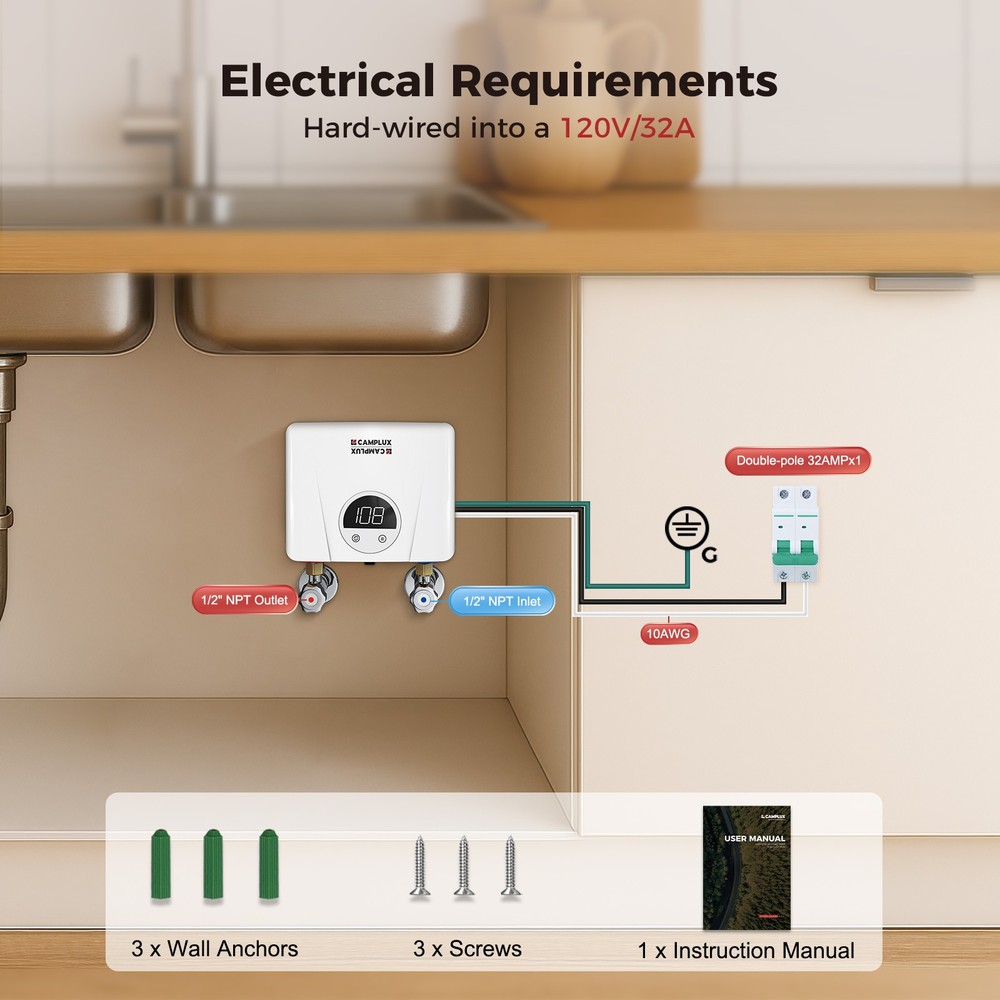 CAMPLUX Electric Tankless Water Heater 120V Point of Use for RV Kitchen Bathroom
