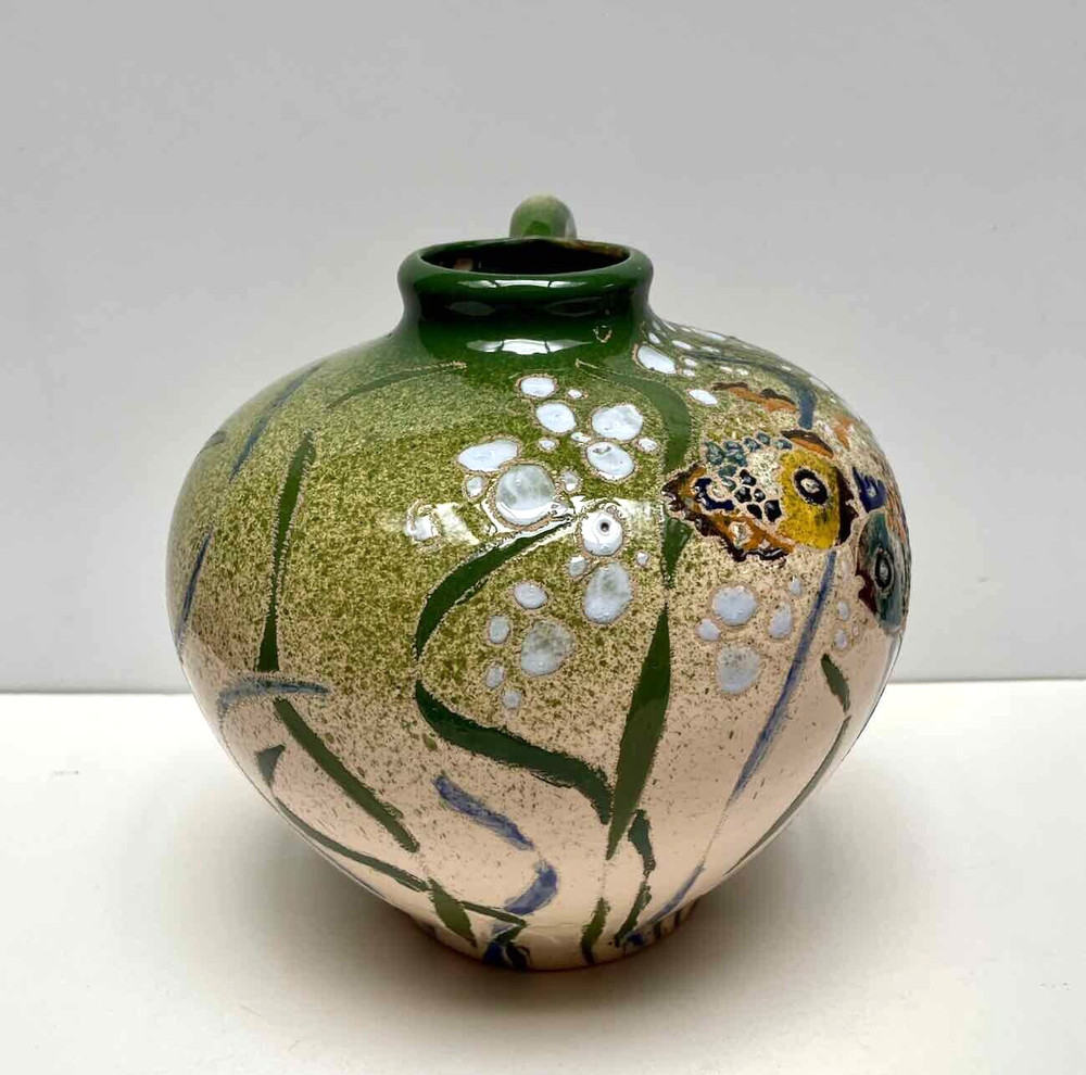 Handmade Pottery Jug Ewer w Handle Applied Multicolor Fish Bubbles Green Signed