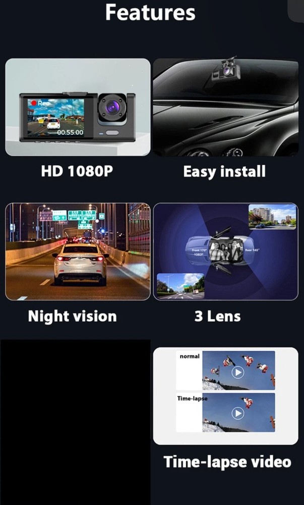 3 Camera Dash Cam Front Rear Inside - WITH WIFI- Video Recorder Night VisioN