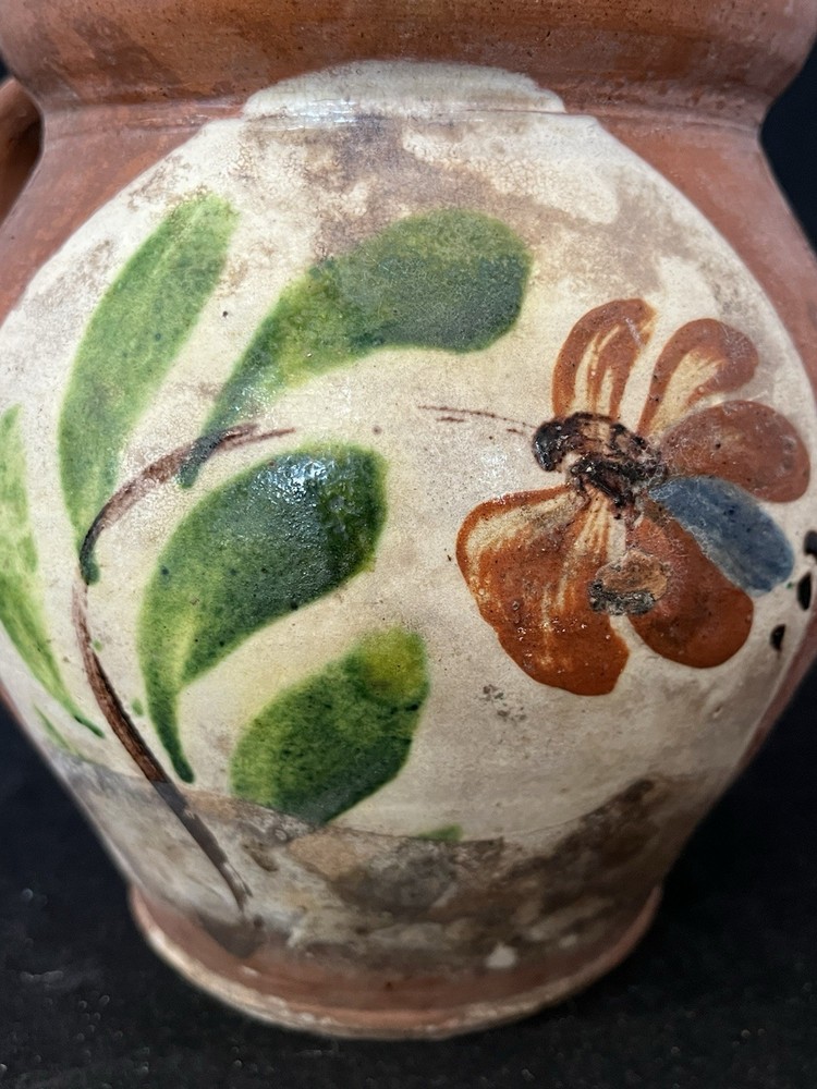 Fantastic Circa 1800’s Redware Milk Pitcher Applied Handle Painted Florals.