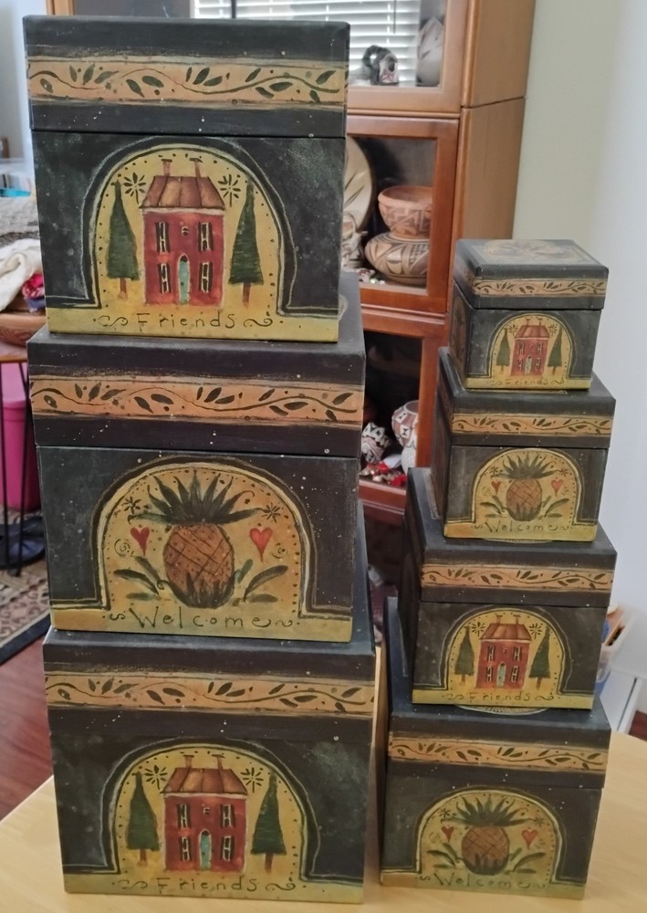 7 Bob's Boxes Primitive Welcome Friends Stackable Nesting Susan Winget Design