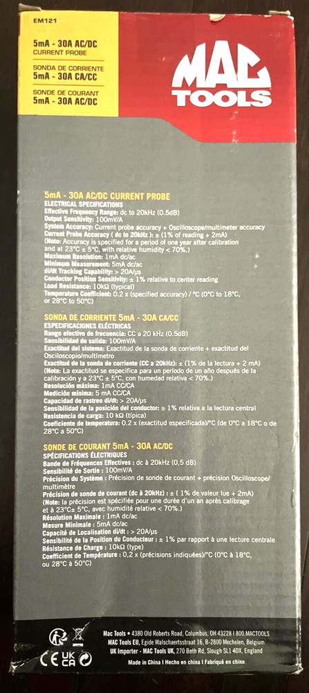 Mac Tools EM121 5mA - 30 A AC/DC Current Probe