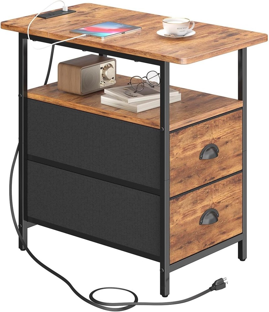 NEW End Table with Charging Station, Narrow Side Table with 2 Drawers, Nightst