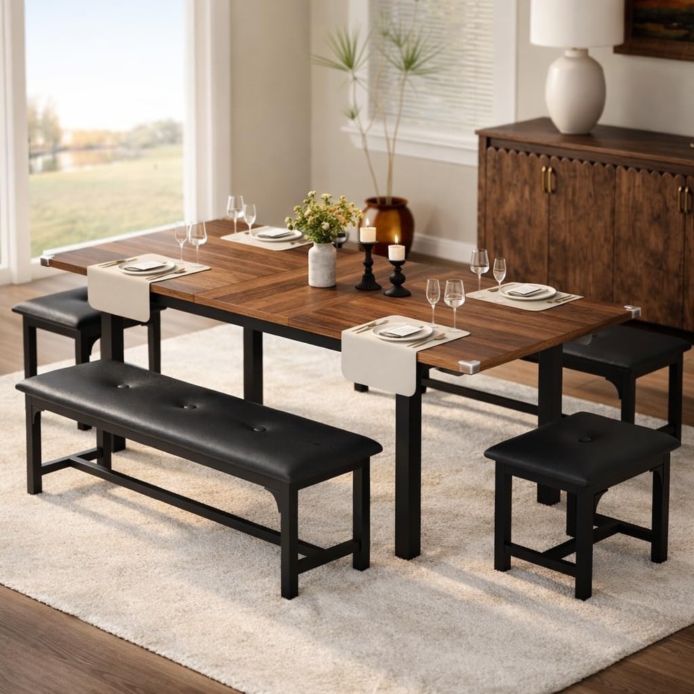Extendable Dining Table Set 47"-63", 5 Piece with Upholstered Benches for 6-8