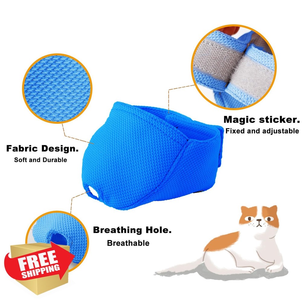 L Blue Cat Muzzle Soft Fabric Grooming Biting Chewing Guard