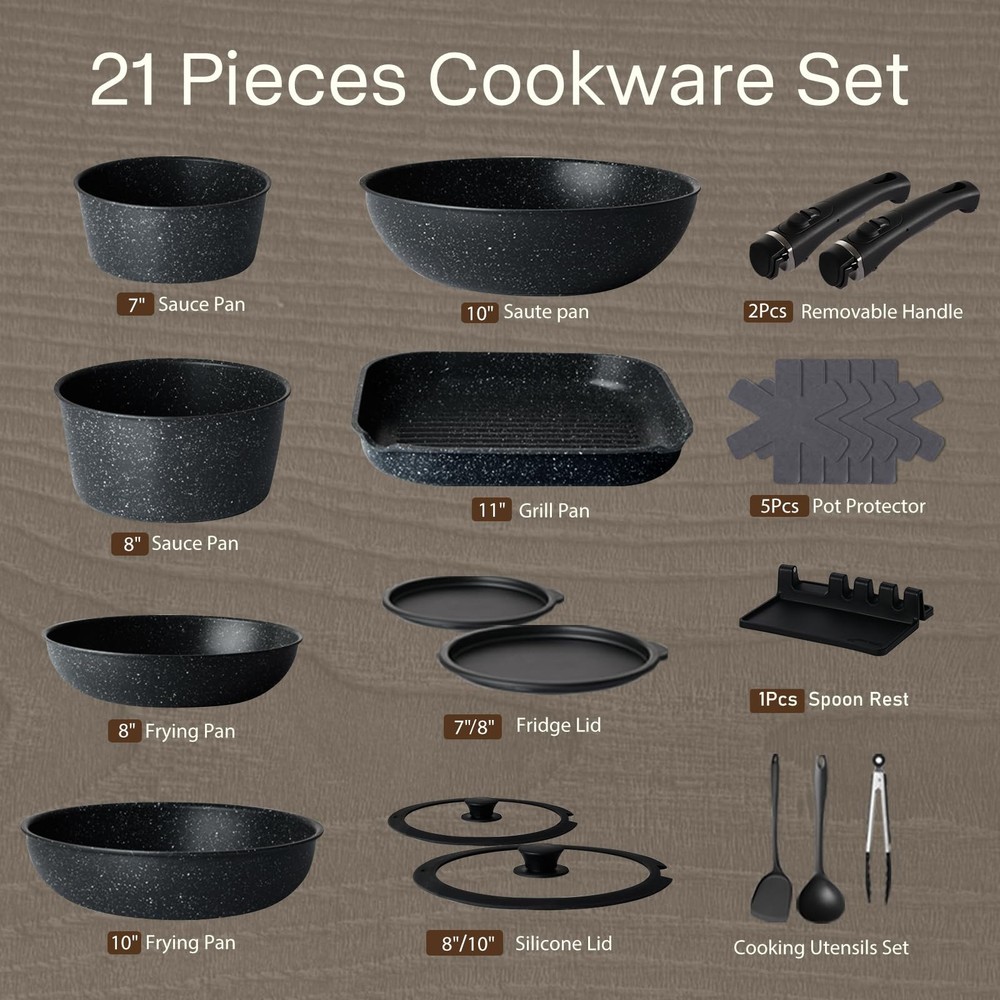 Pots and Pans Set Non Stick, Ceramic Cookware Sets 21 PCS, Granite Induction ...