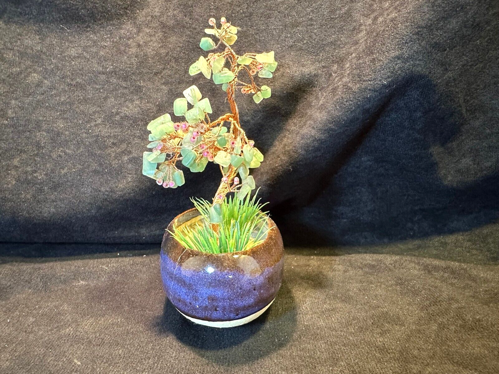 Jade Stone and Twisted Copper Wire Bonsai Tree