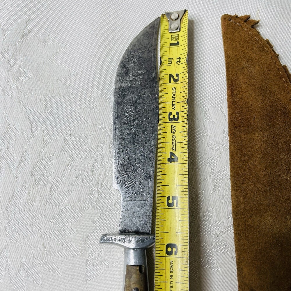 Oaxaca Eagle Head Bowie Knife 8.5" Etched Fixed Blade With Leather Sheath