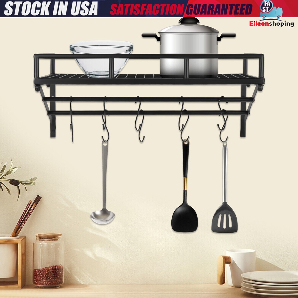Kitchen Wall Mounted Storage Shelf Cookware Pan Pot Organizer Rack with 10 Hooks