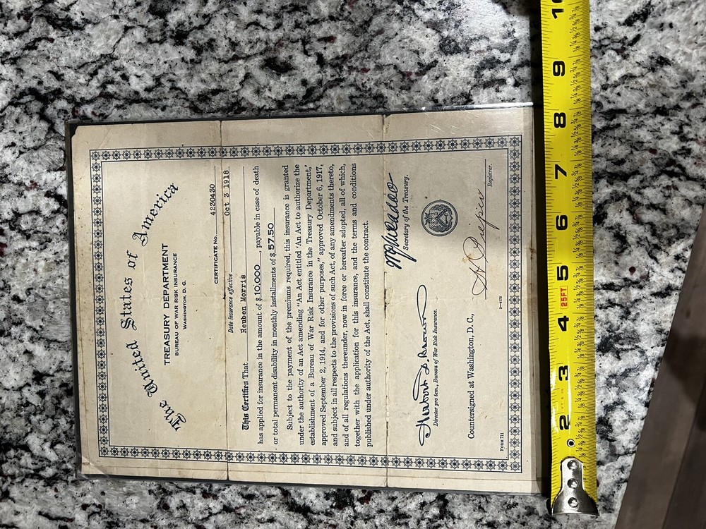 1918 War Risk Insurance Document Paper Ephemera