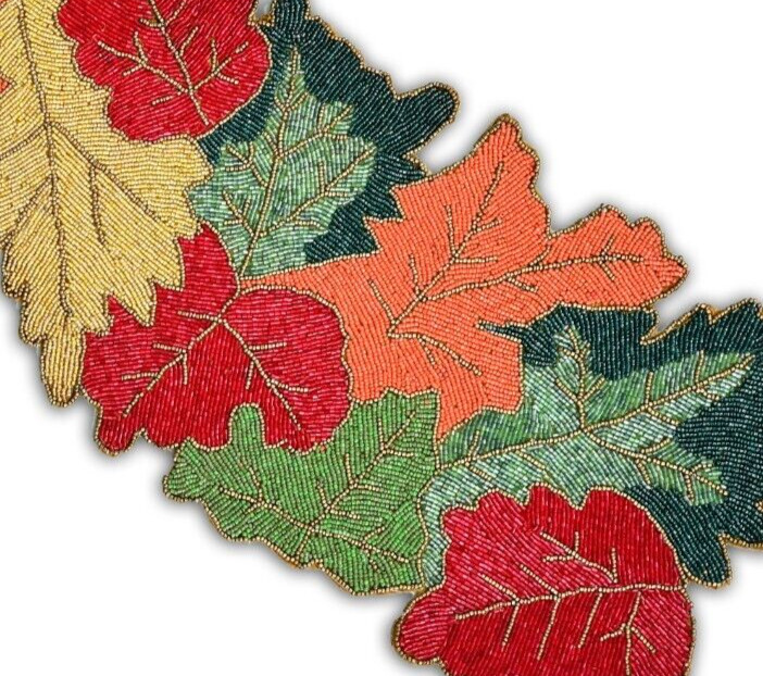 Multicolor Leaves Table Runner Beaded Fall Table Runner Autumn Tableware 13X36In