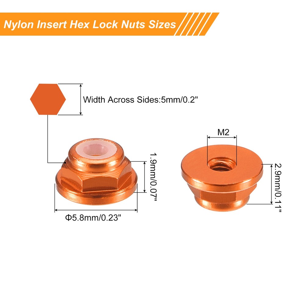 Nylon Insert Hex Lock Nuts, 4pcs - M2x0.4mm Self-Locking Nut(Orange)