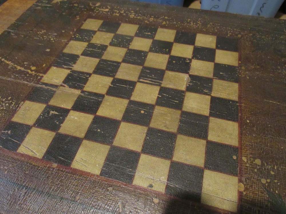 ANTIQUE ORIGINAL 1800's FOLDING CHESS CHECKERBOARD TABLE SOLID PLANK TOP