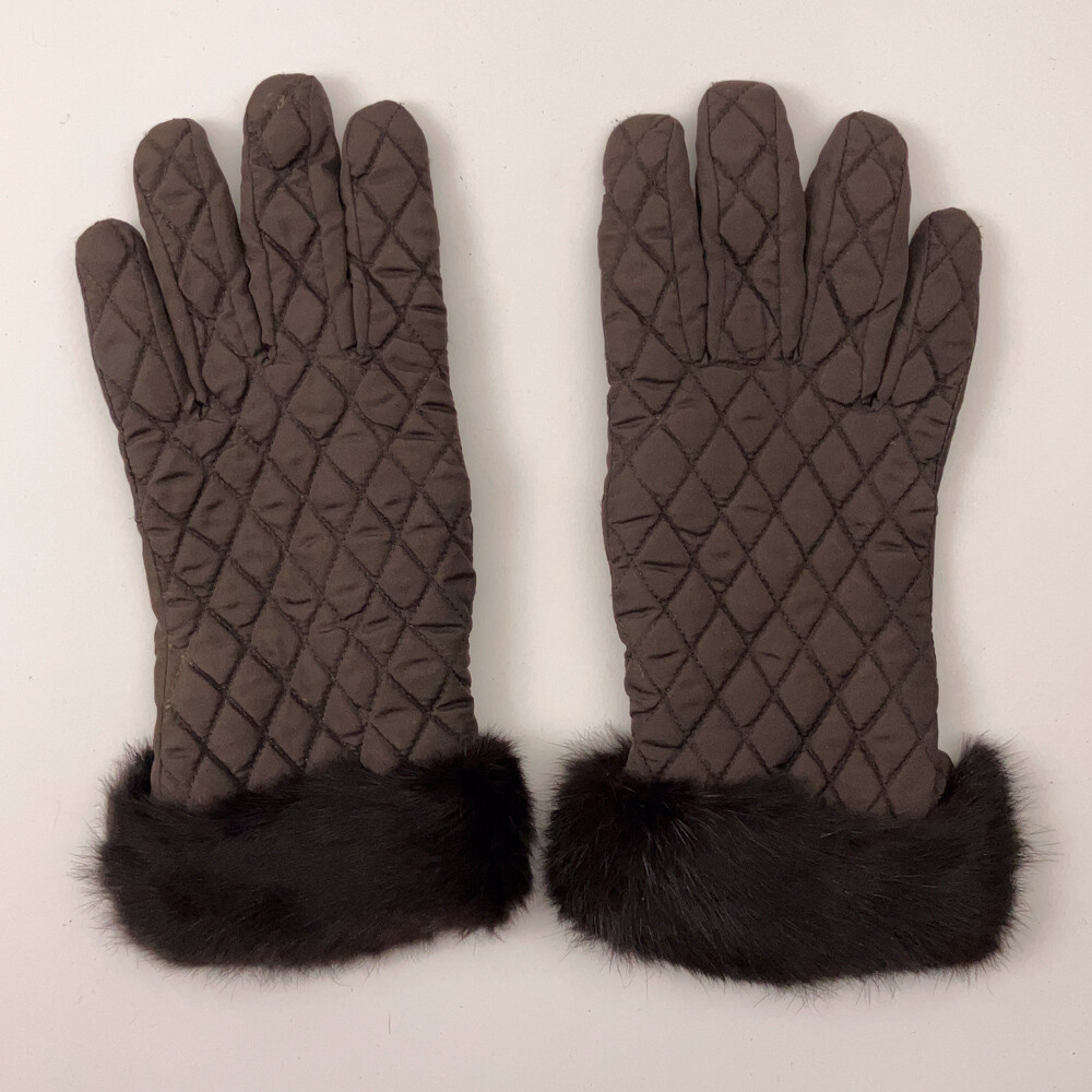 Dark Brown Quilted Pattern Polyester Winter Gloves With Fuzzy Cuff
