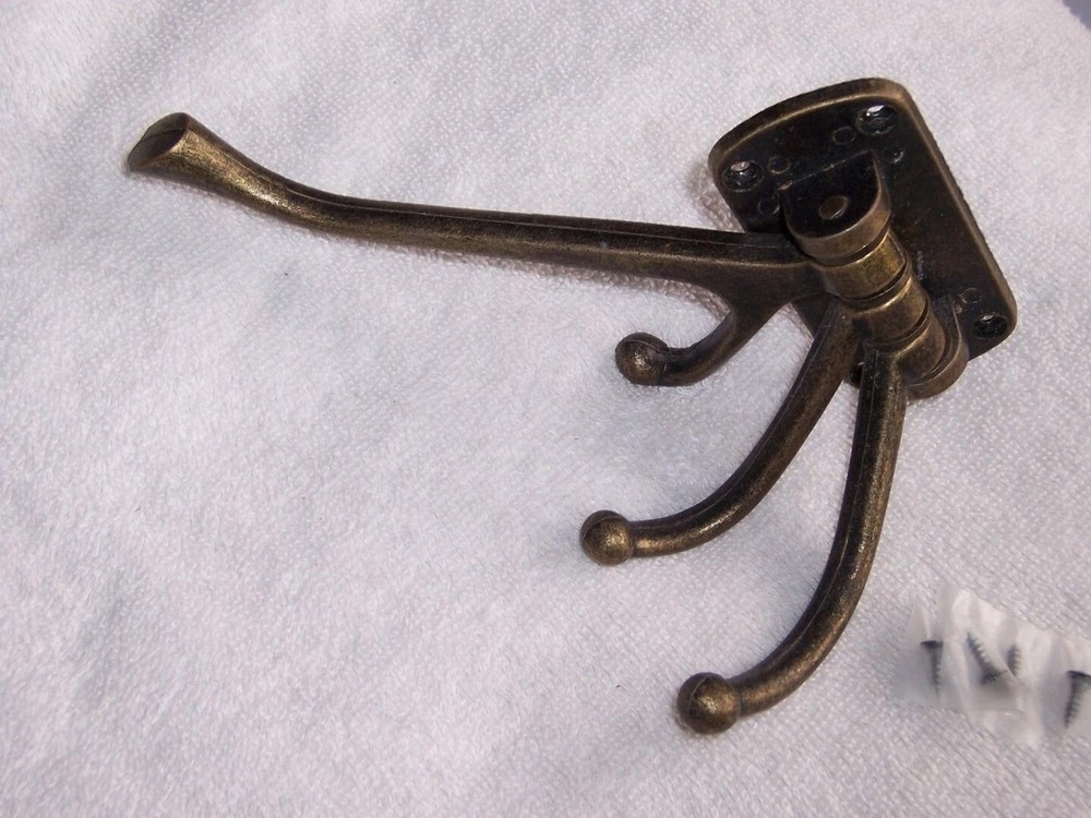 Antique-Brass Metal Triple Swivel Swing Coat Hooks Wall Mount Solid 4 Pivot Hook