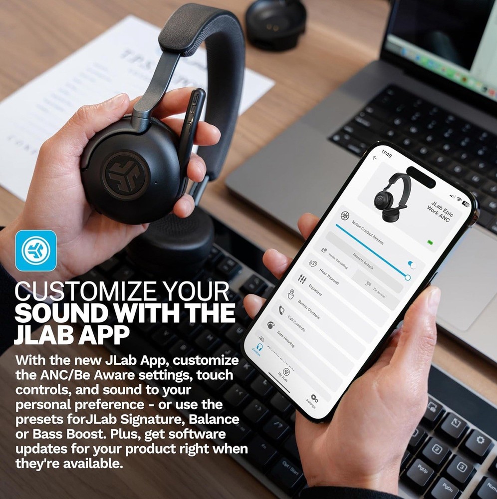 JLab Epic Work Wireless Headset with Microphone, Smart Active Noise Cancellation