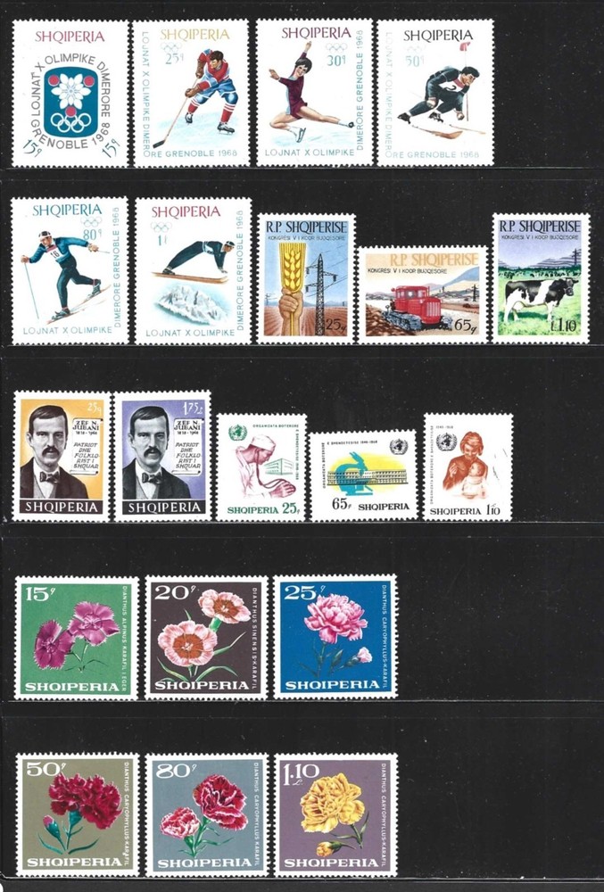 ALBANIA – 1968 – COMMEMORATIVE ISSUES – 8 COMPLETE SETS 35 STAMPS – MINT
