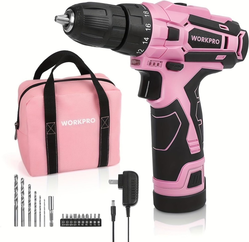 Ergonomic 12V Pink Cordless Drill Set with Variable Speed & LED Trigger Light
