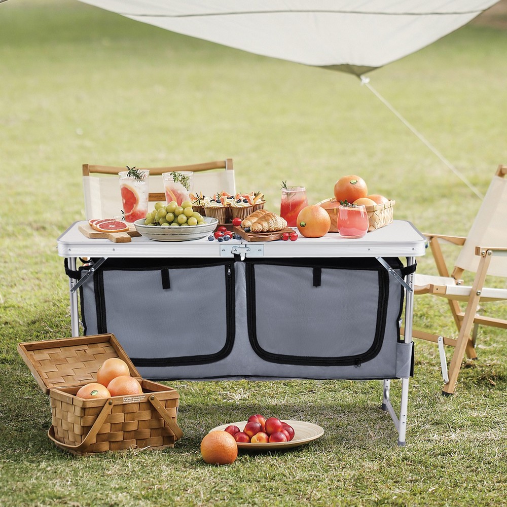 4ft White Folding Camping Table w/ Storage & Adjustable Height, Portable