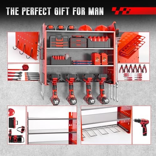 Wall Organizer for Power Tool Storage, Garage Tool Organizer with 4 Red-4tier
