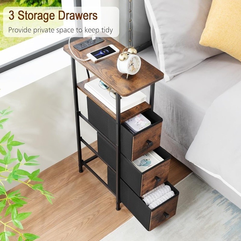 Compact End Table W/ USB Charging Station & Drawer Storage Small Spaces