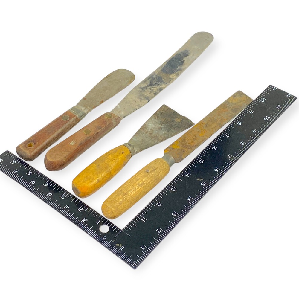 Vintage Putty Knife Spatula Working Hand Tools Wooden Handle, 4 Pcs