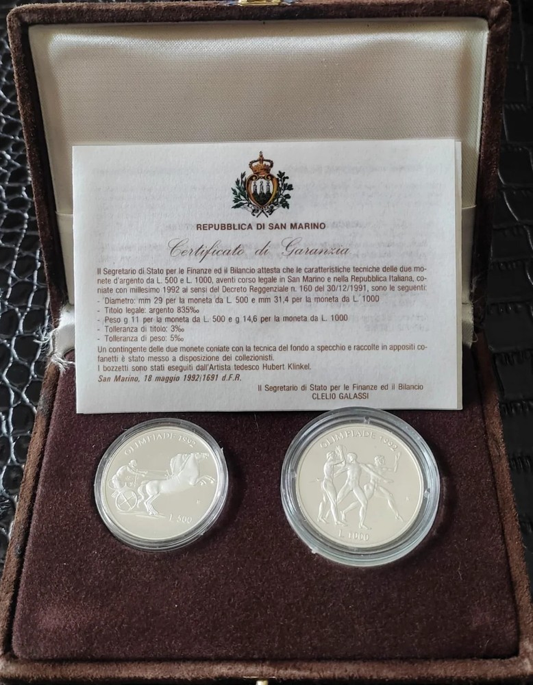 SAN MARINO SILVER COIN SET LIRE PROOF MIRROR BACKGROUND OLYMPICS 1992