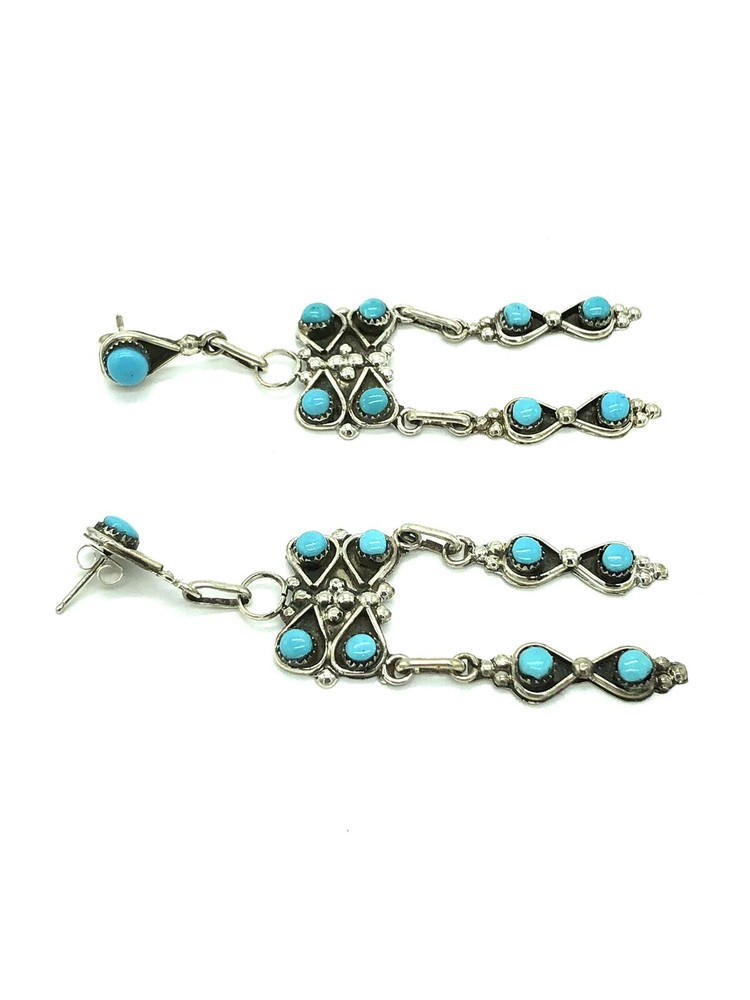 Native American Sterling Silver Handmade Zuni Turquoise Dangle Earring