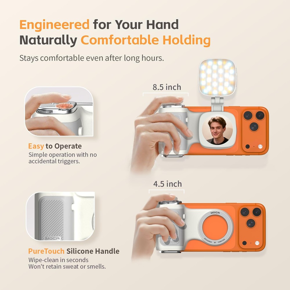 COMITOK iPhone Camera Grip MOCA with Magnet Fill & Light, White