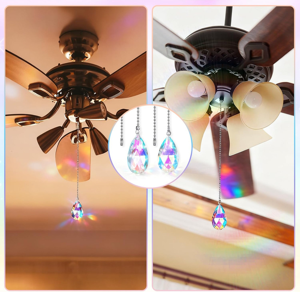 2 Pcs Crystal Ceiling Fan Pull Chains 2" Glass Water Drop Pendants with 20" Ceil