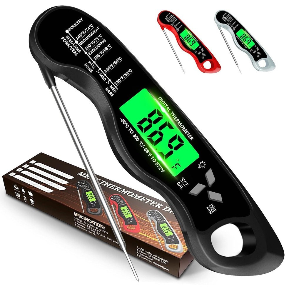 Instant Read Cooking Thermometer - Waterproof, Backlit, & Calibration Ready