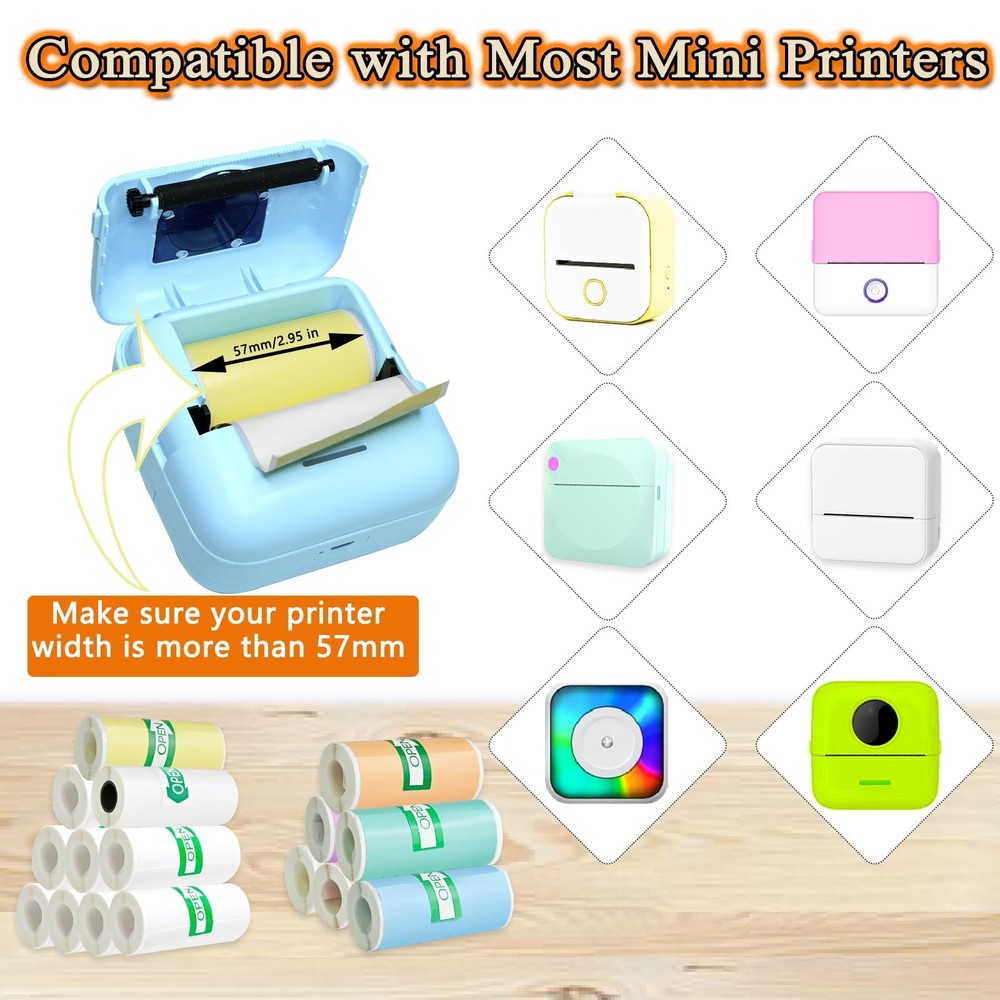 16 Rolls of Mini Printer Sticker Paper - 7 Colored, 8 White & 1 Transparent Roll