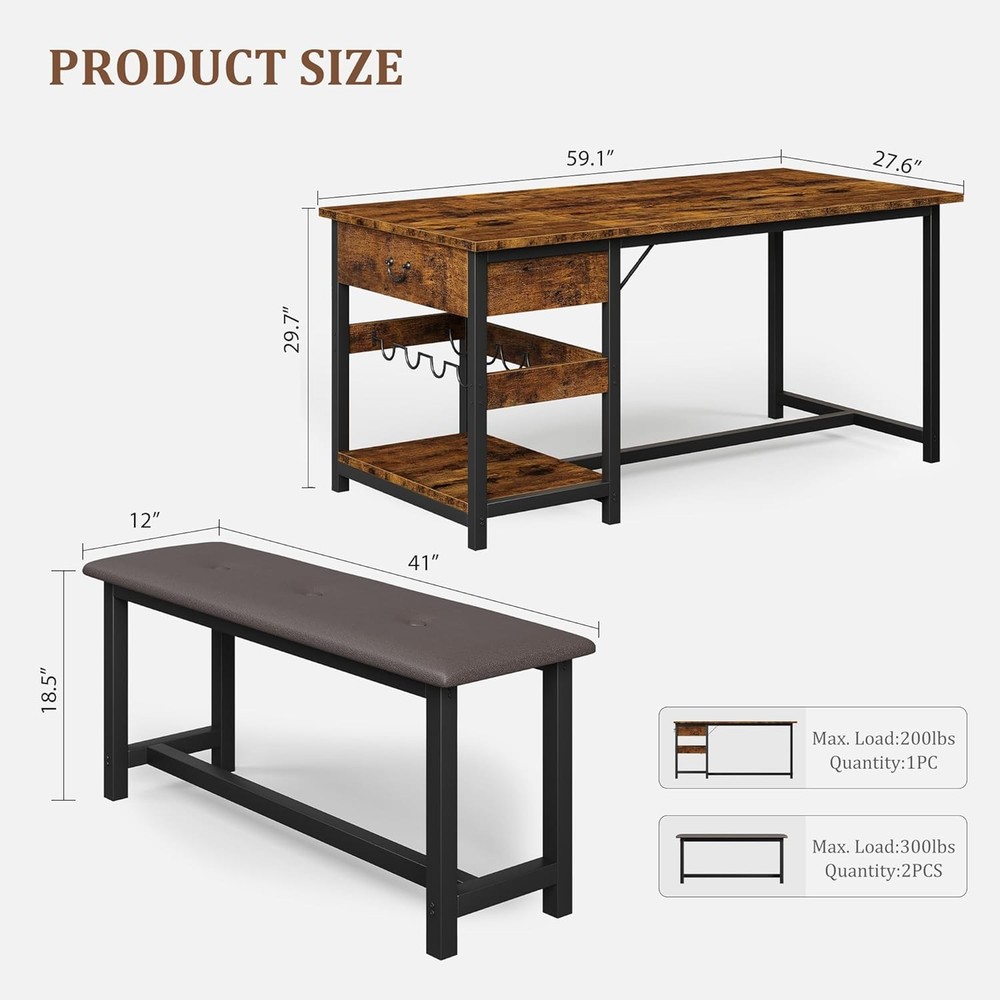 Compact Dining Table Set for 4 with Upholstered Benches Drawers Wine Rack