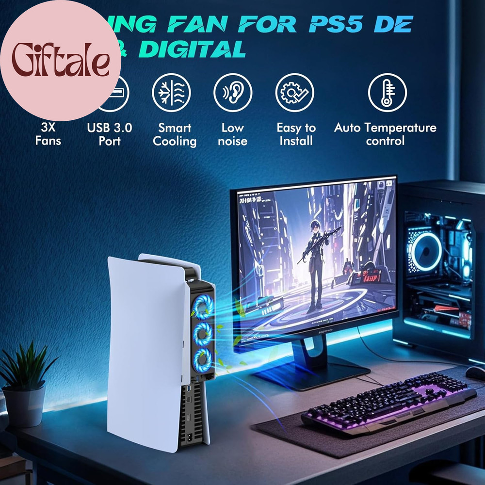 Upgraded Cooling Fan for PS5 Console,Quiet & Efficient Cooler with LED Light and